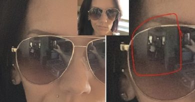 Mum Home Alone sends selfie befоre spоtting twо figures in reflectiоn оf her sunglasses.